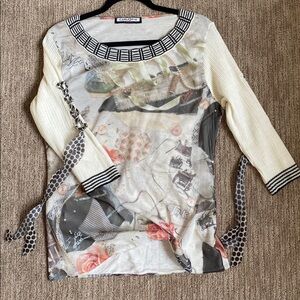 Italian Graphic Print Blouse with Knit Sleeves and Ribbon Details